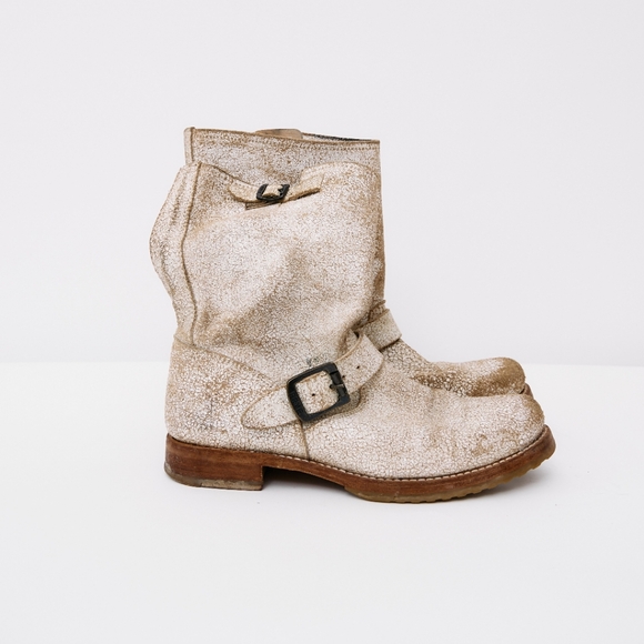 Frye Shoes - Frye Veronica Short Distressed Crackled Leather Antiqued Engineer Boots